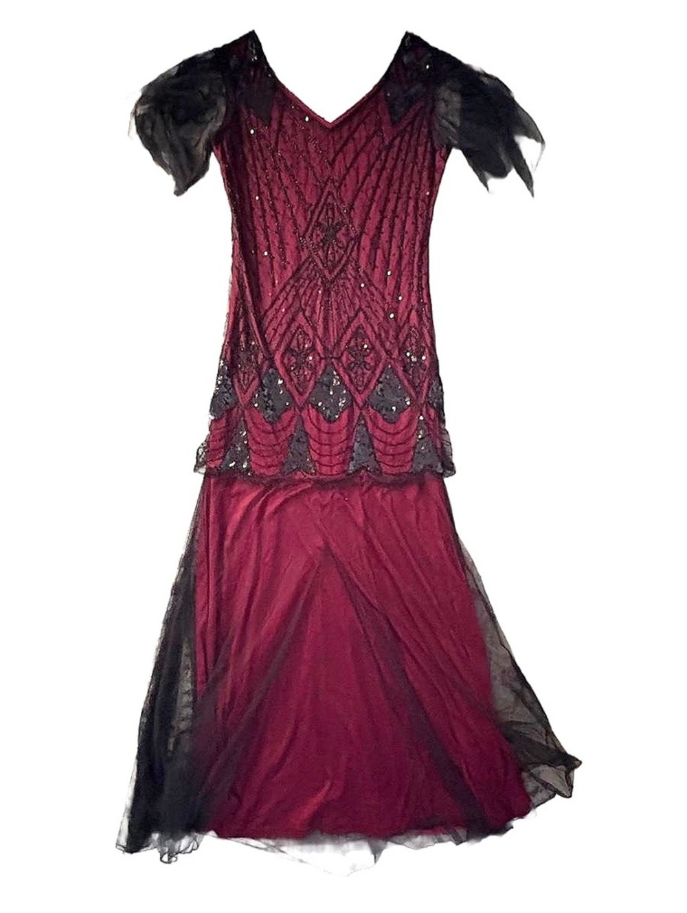 Vintage Style Flapper Burgundy and Black Sequin Evening Dress XL #roaring20s